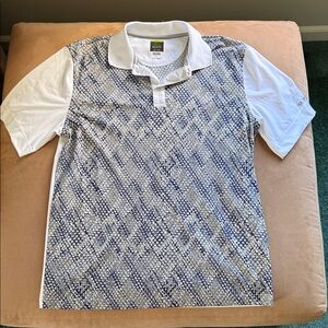 Greg Norman Fitted Shark White and Blue Geometric Polo Shirt